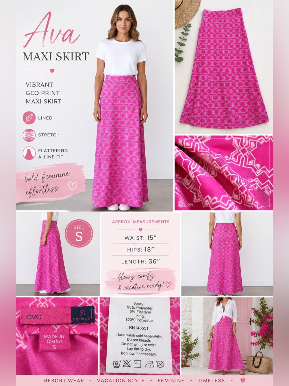 Ava Pink Geometric Print Maxi Skirt Size Small Lined Stretch Boho Resort